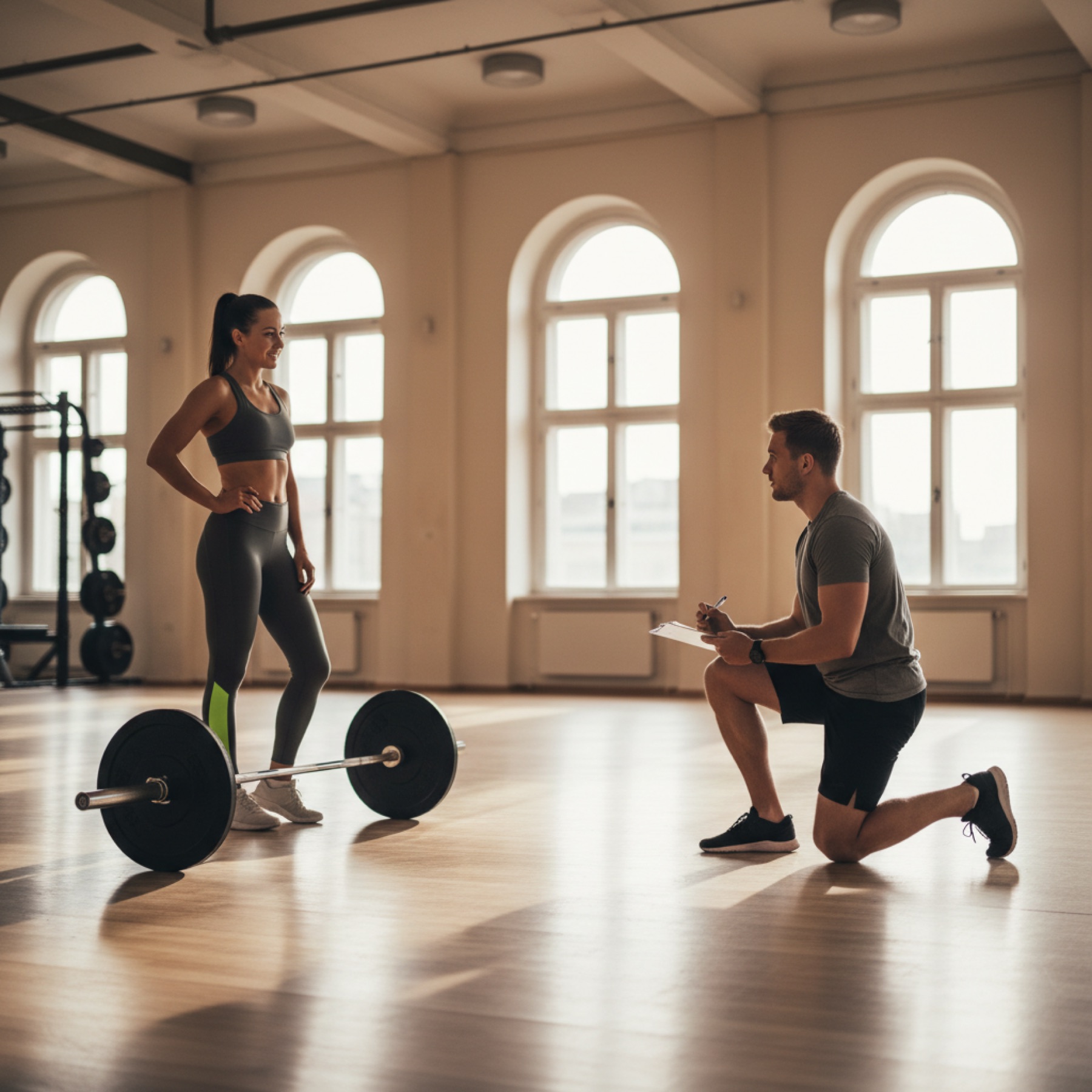 A coach kneeling on a bright gym floor writing on a clipboard while a member stands talking beside a loaded barbell during an assessment