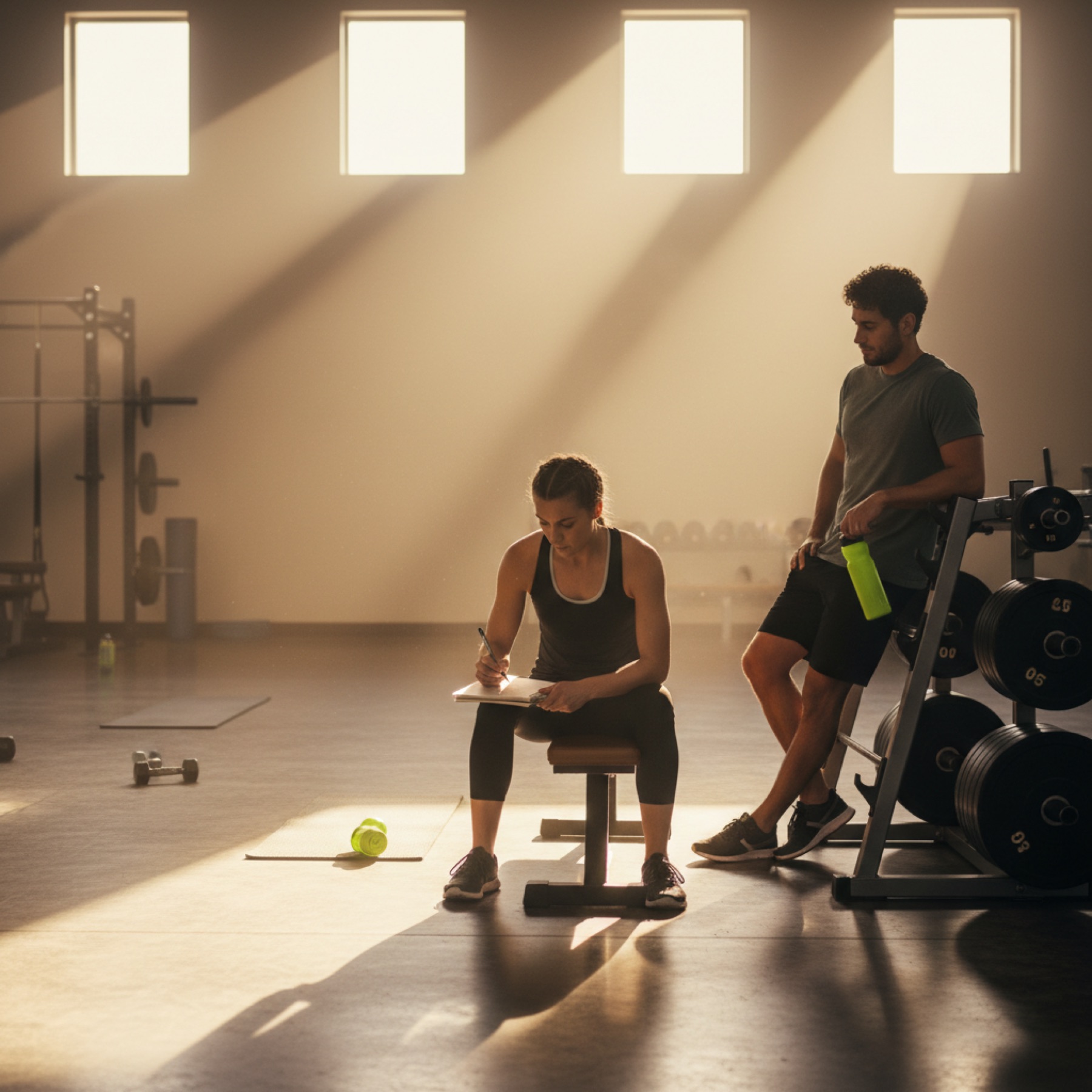 Two coaches in a near-empty suburban gym at the end of a session, one sketching a training block into a notebook while the other listens