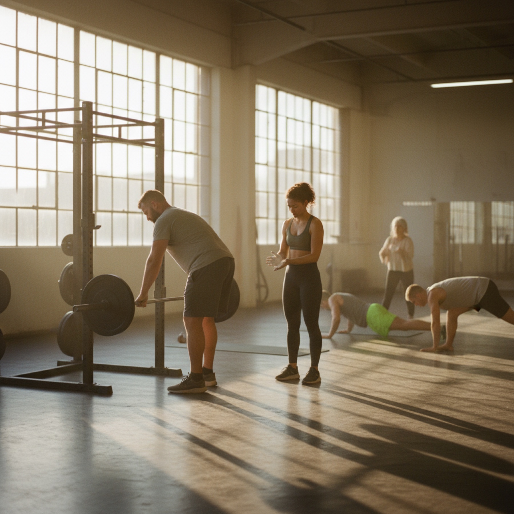 Four adults training in a bright warehouse gym at sunrise, one racking a barbell while another chalks her hands