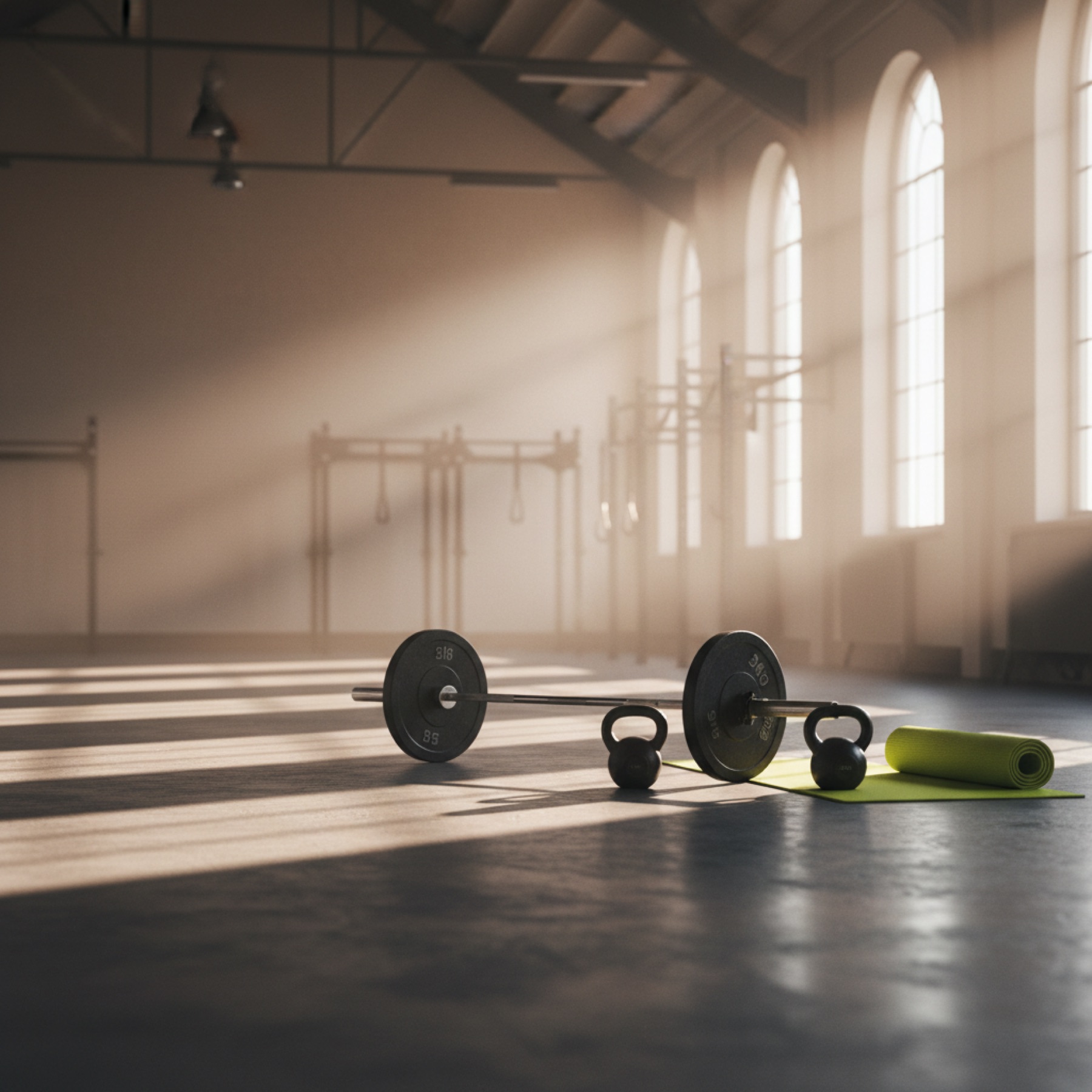 An empty daylit gym floor at dawn with a loaded barbell, two kettlebells and a rolled mat set out ready