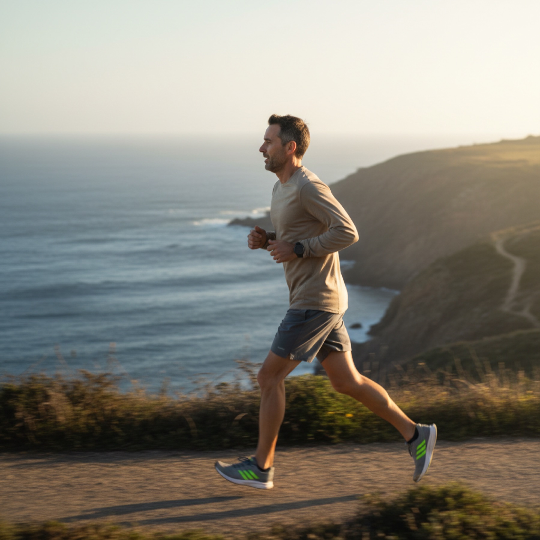 A man in his forties running an easy pace along a coastal path in early morning light