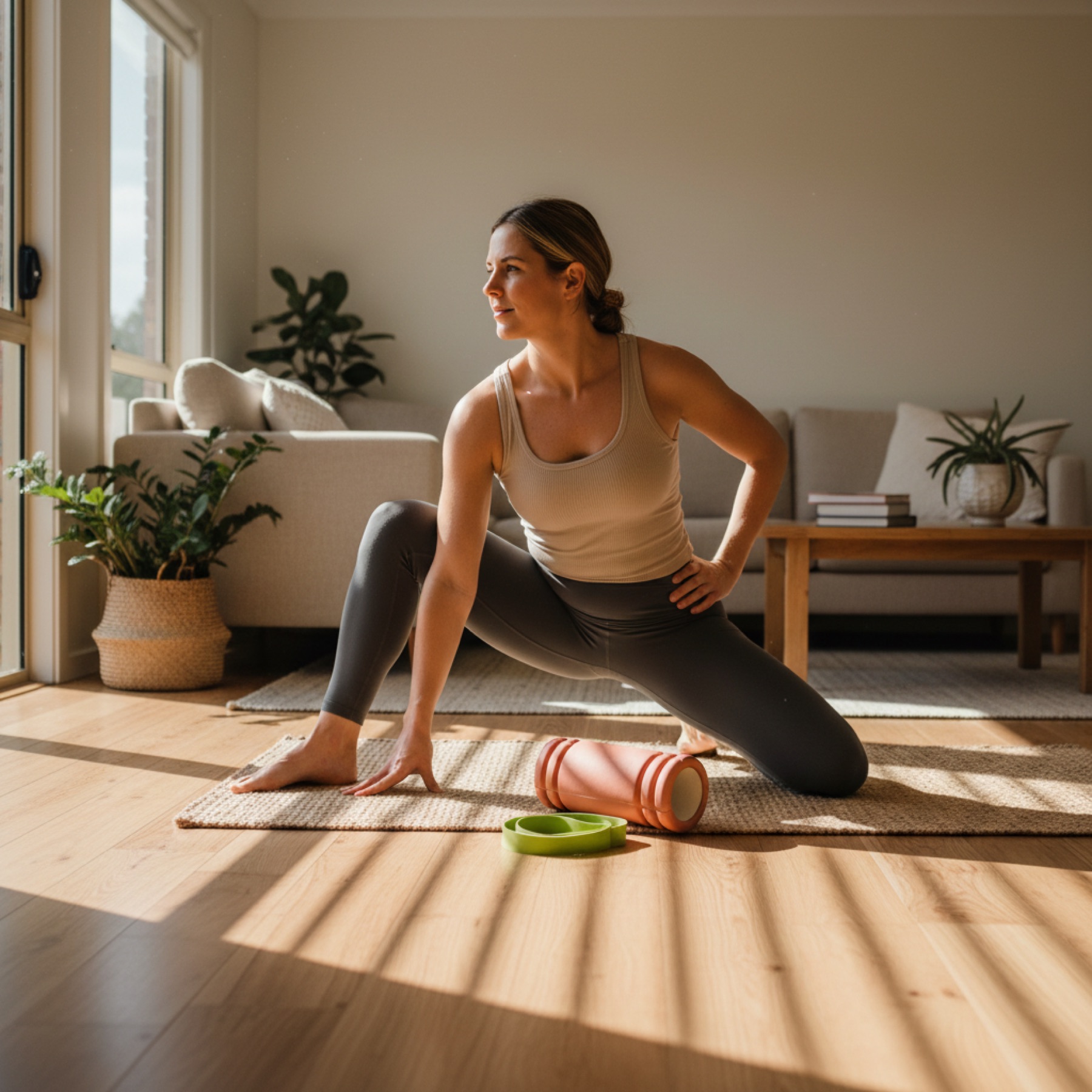 A person on a mat in a sunlit living room holding a deep supported hip stretch, with a foam roller and resistance band beside them