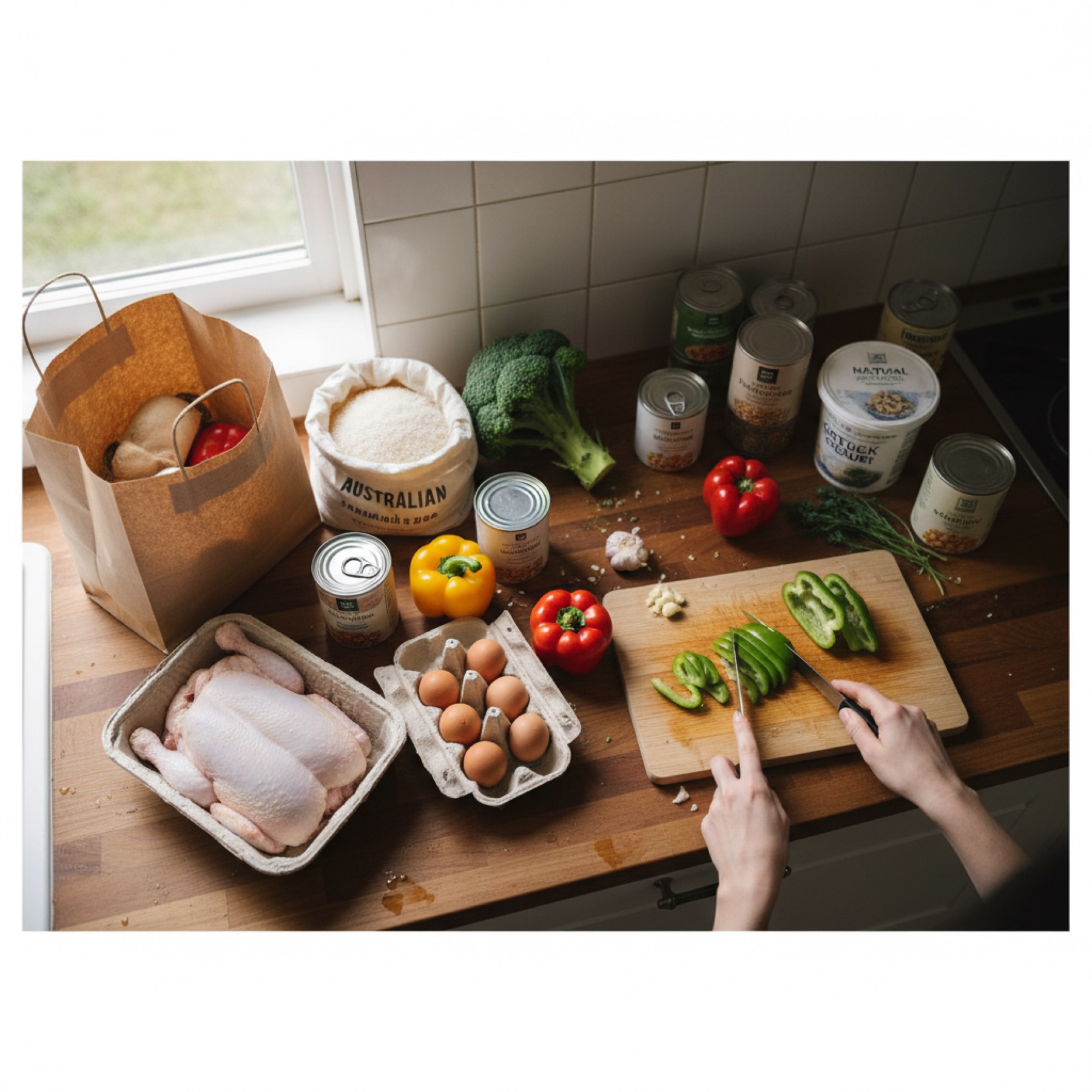 An overhead view of a kitchen bench with a half-unpacked supermarket shop: chicken, eggs, rice, broccoli, capsicum, tinned legumes and yoghurt