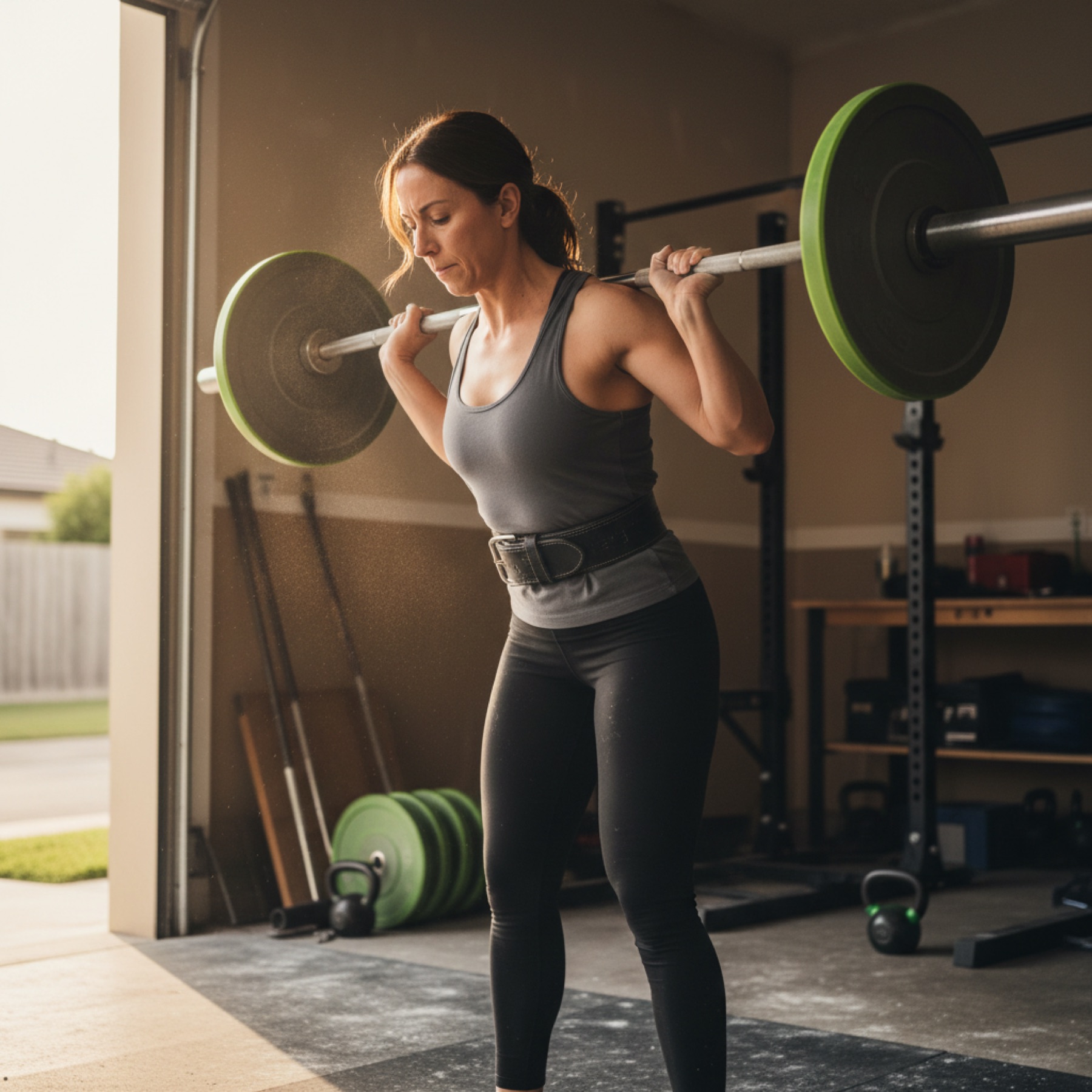 A woman setting up for a barbell back squat in a home garage gym, hands wide on the bar and roller door open behind her